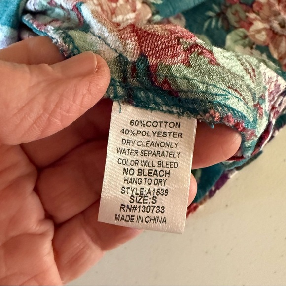 Umgee Floral Boho Dress Keyhole Dark Jade Peasant Tunic Hippie Women’s Size S - Picture 14 of 15